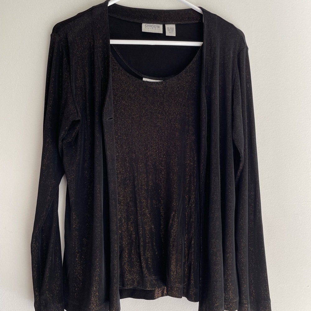 Chicos Travelers 2 Pc Tank and Jacket (M) Womens Black with Copper Sparkles